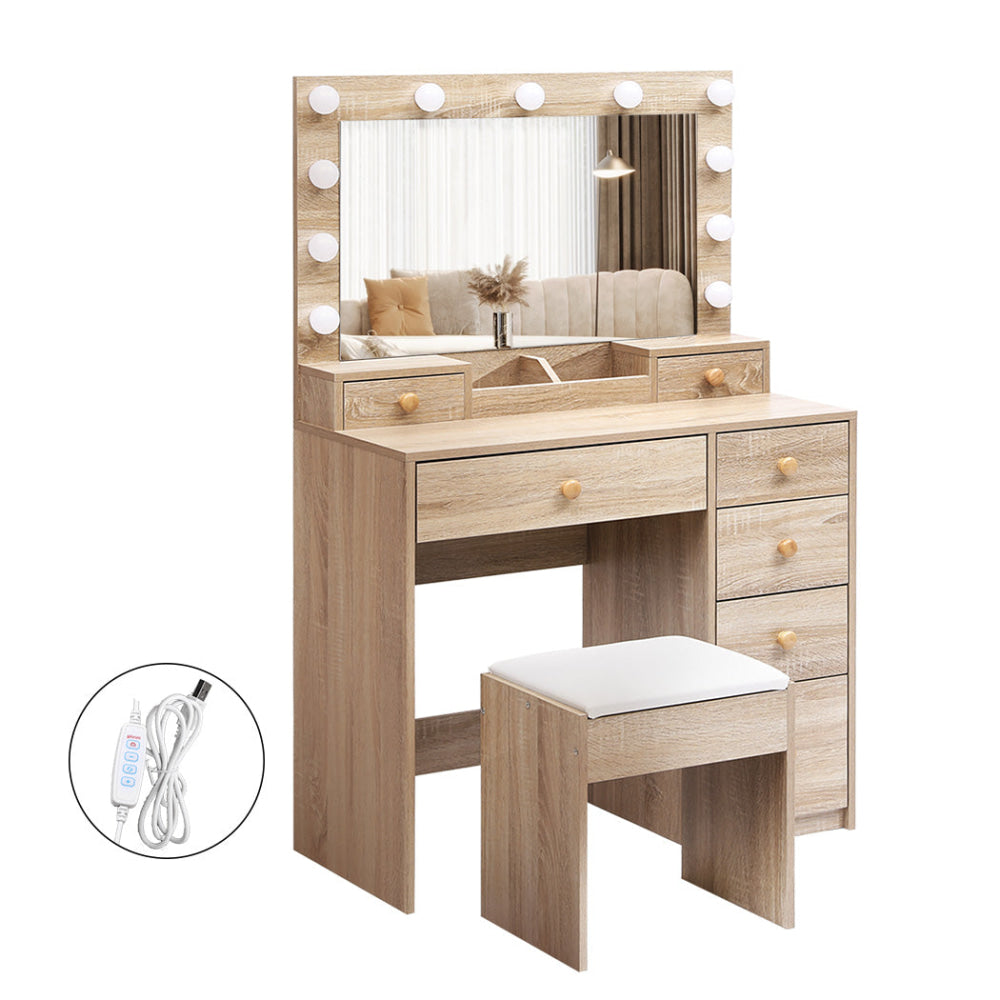 Momentous Living - LED Dressing Table Stool Set in Oak | 11 Dimmable ...
