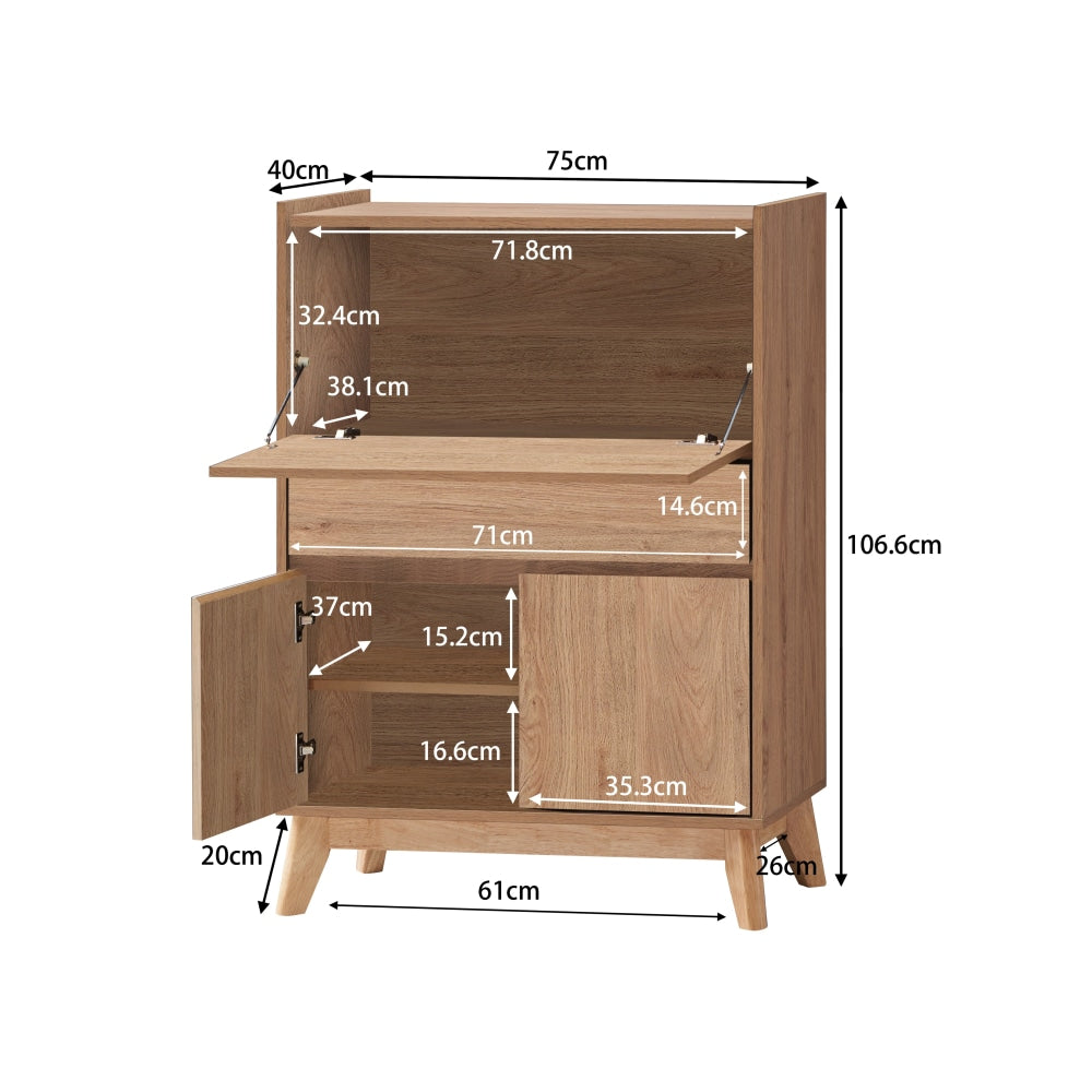 Momentous Living Minere MultiPurpose Cupboard Bureau Storage W/ 3Doors 1Drawer Oak