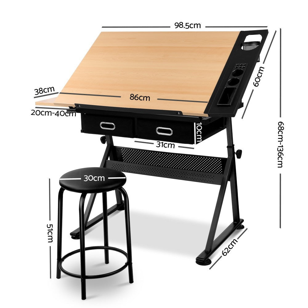 Momentous Living - Tilt Drafting Table Stool Set - Natural & Black