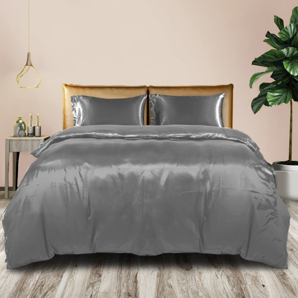 DreamZ Silky Satin Quilt Cover Set Bedspread Pillowcases Summer Super King Grey Fast shipping On sale