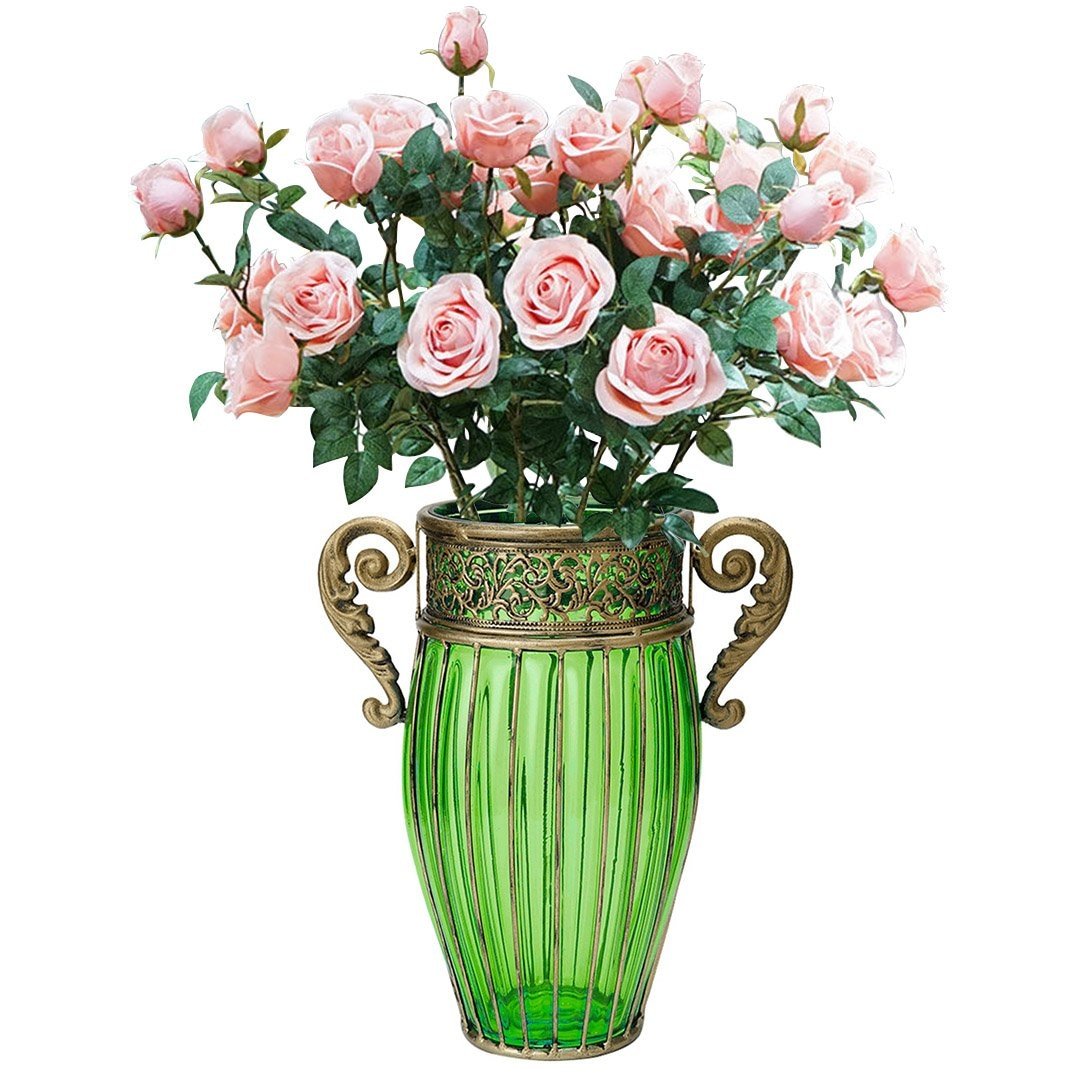 Momentous Living - Green Glass Flower Vase with 8 Bunch 5 Heads ...