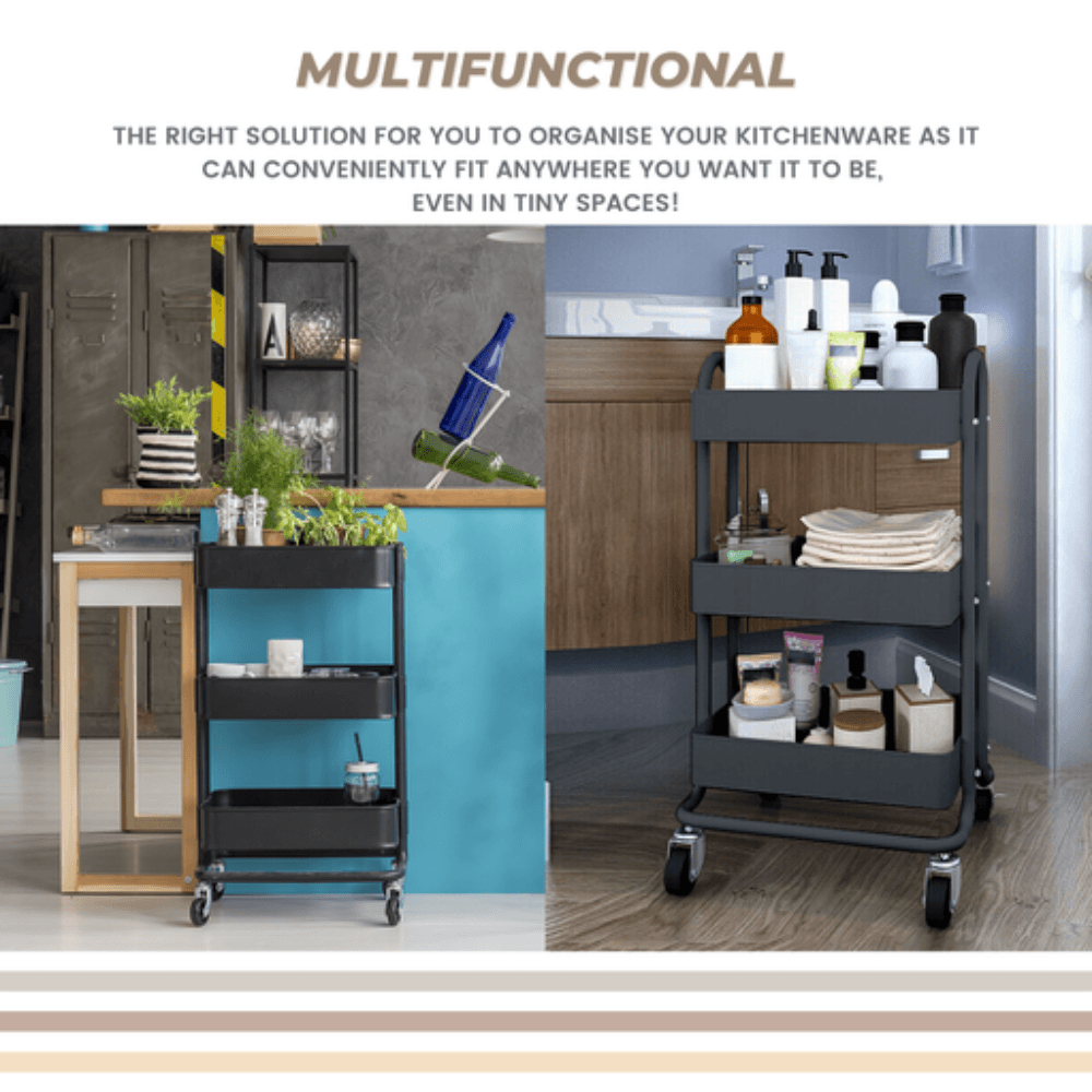 Momentous Living Kitchen Trolley Cart 3 Tier (Black) Kitchen Trolley