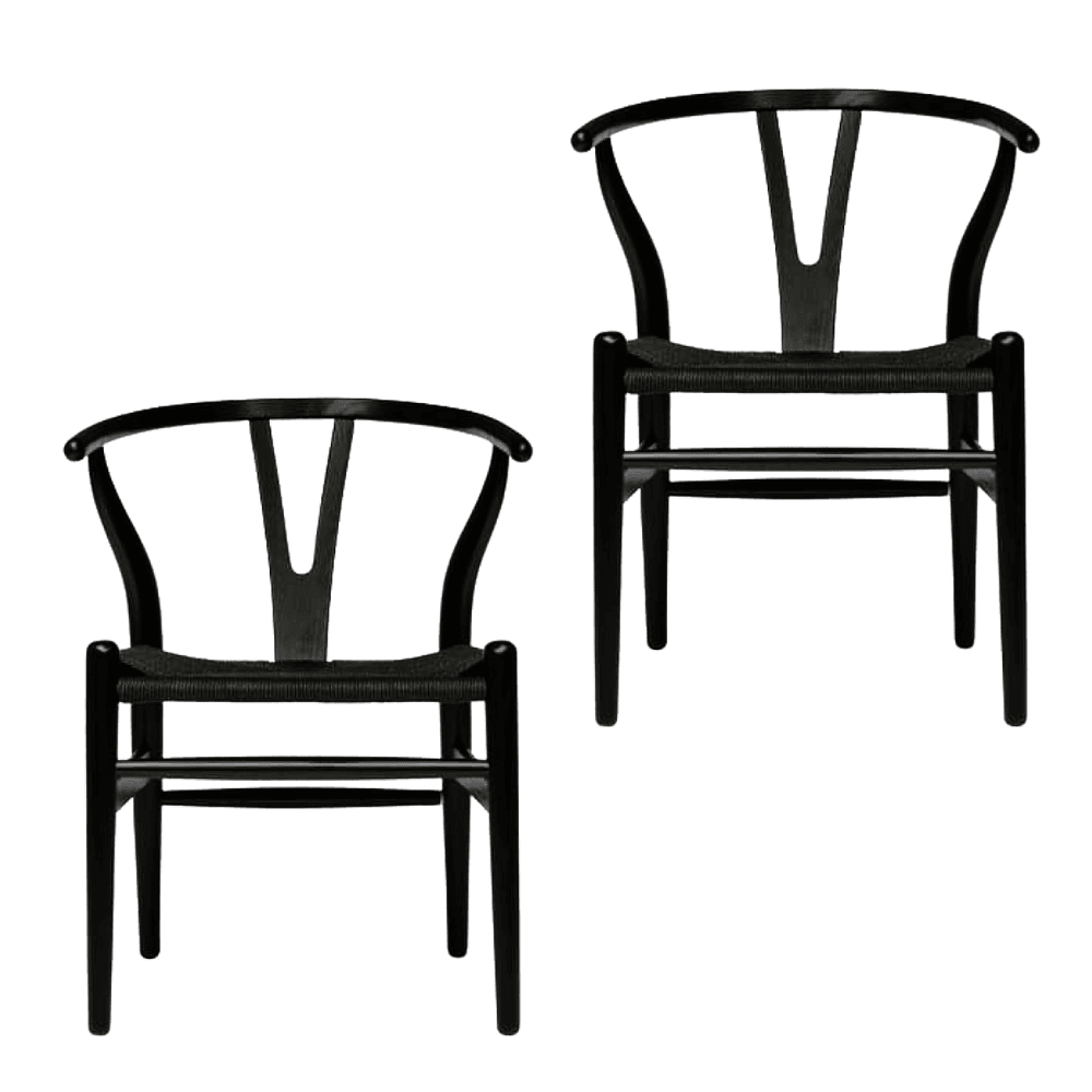 Momentous Living Set Of 2 Hans Wegner Replica Wishbone Cord Dining Chair Black Seat Black