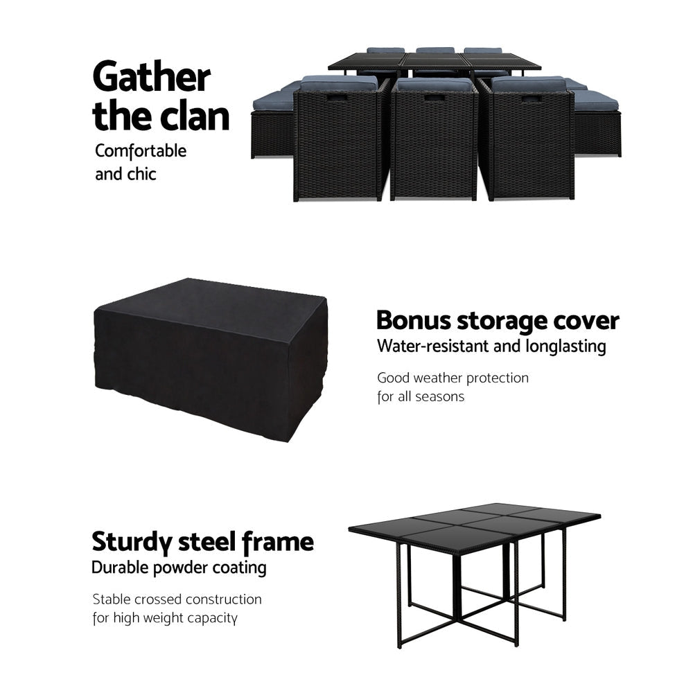11 Piece PE Wicker Outdoor Dining Set - Black Sets Fast shipping On sale