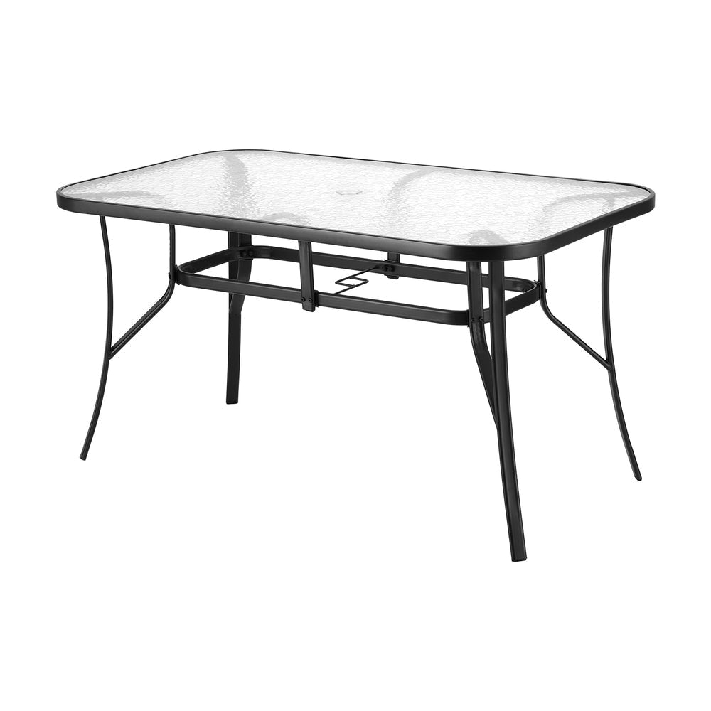 140CM Outdoor Dining Table Steel Frame Tempered Glass Parasol Hole Black Furniture Fast shipping On sale