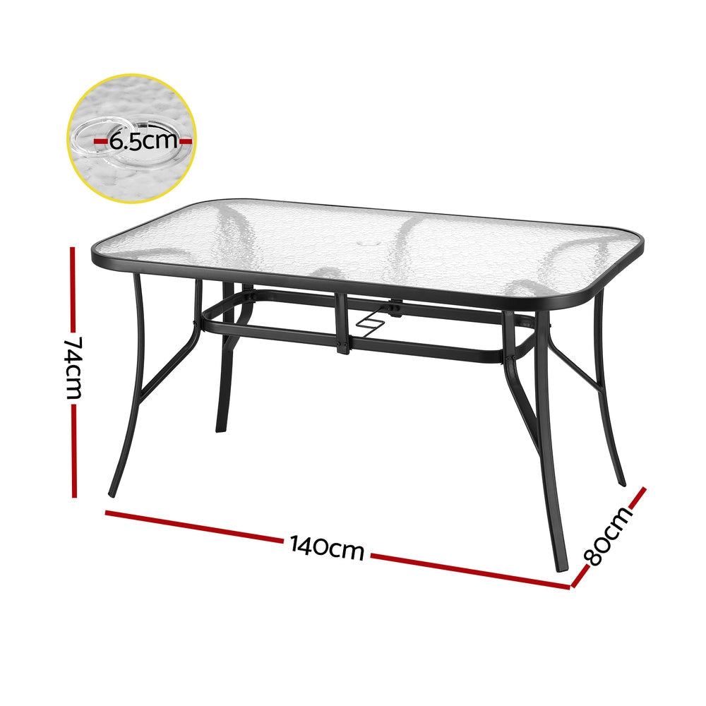 140CM Outdoor Dining Table Steel Frame Tempered Glass Parasol Hole Black Furniture Fast shipping On sale