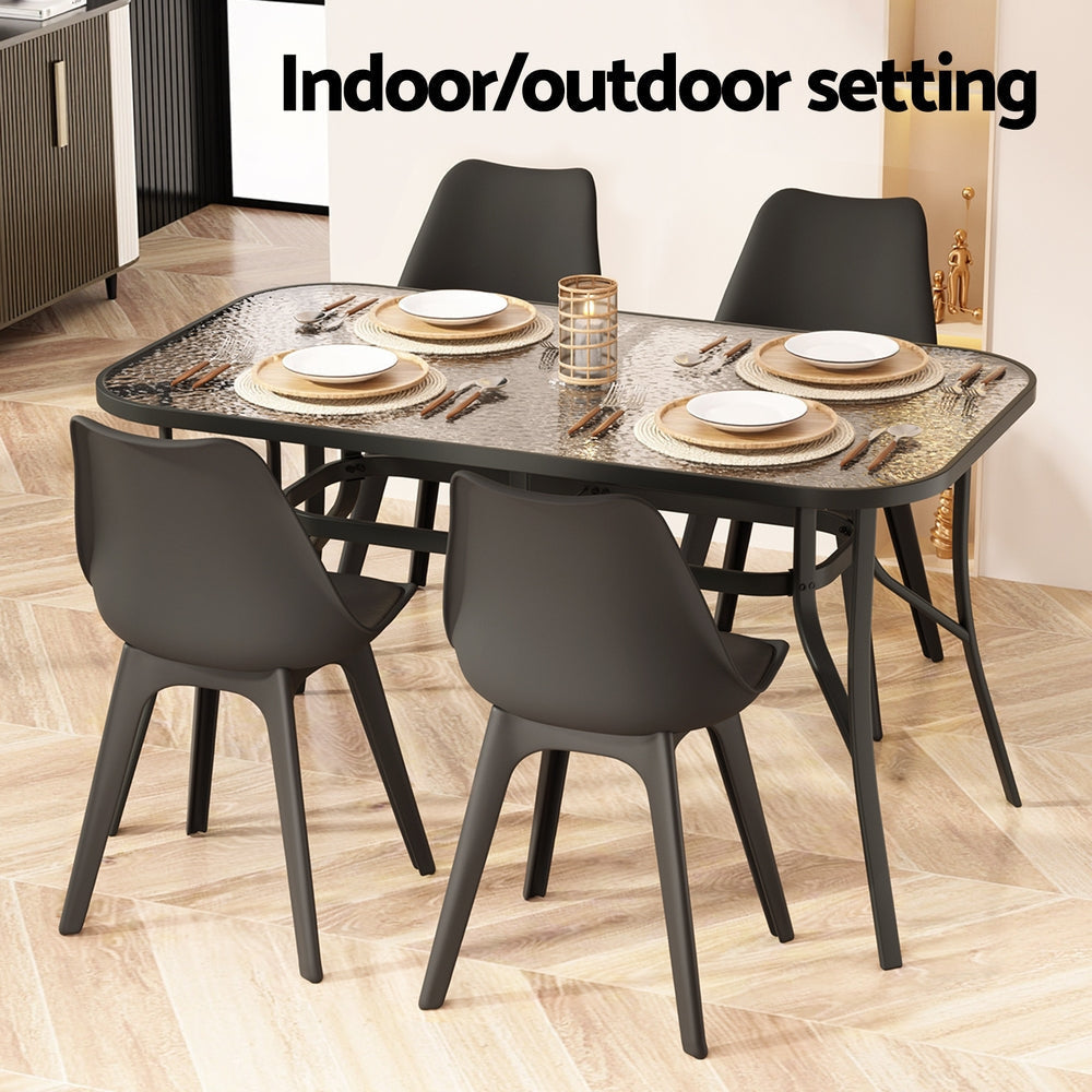 140CM Outdoor Dining Table Steel Frame Tempered Glass Parasol Hole Black Furniture Fast shipping On sale