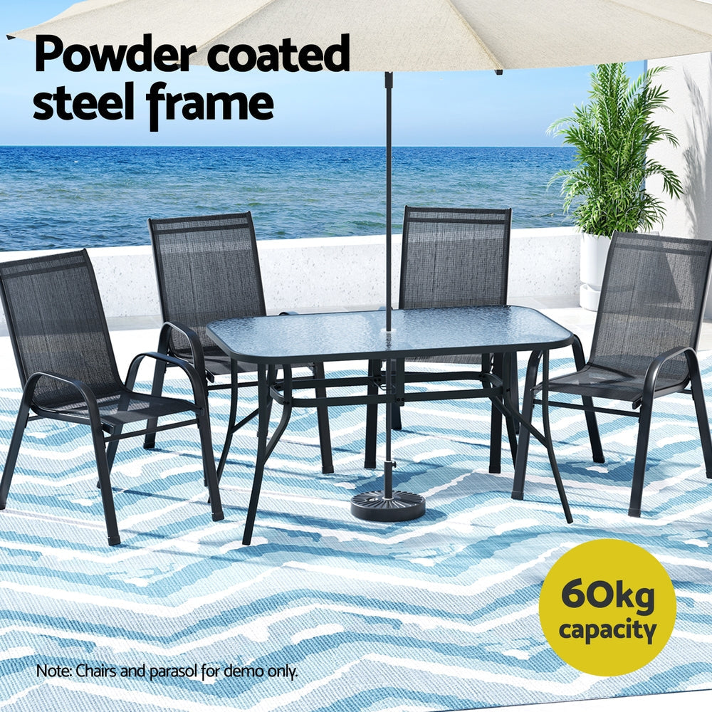 140CM Outdoor Dining Table Steel Frame Tempered Glass Parasol Hole Black Furniture Fast shipping On sale