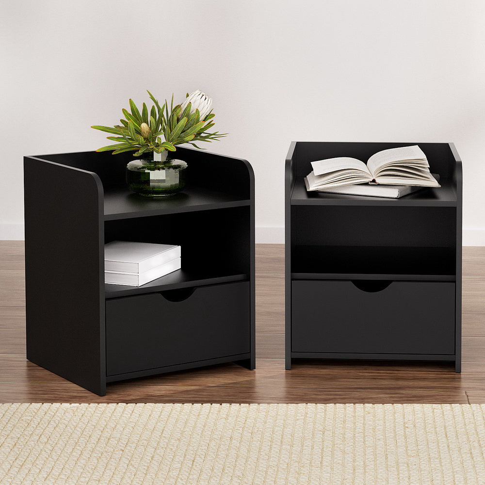 2X Bedside Table 1 Drawer with Shelf - FARA Black Fast shipping On sale