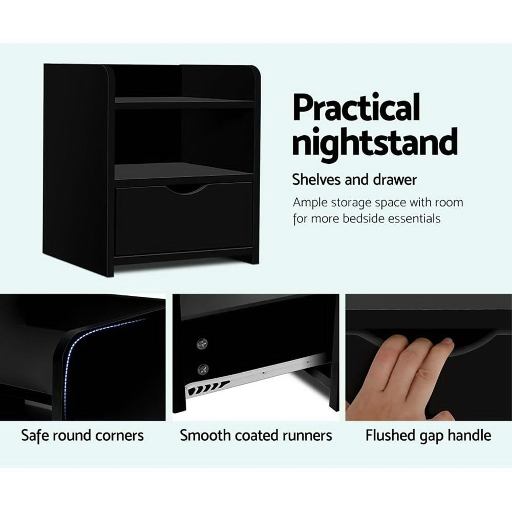 2X Bedside Table 1 Drawer with Shelf - FARA Black Fast shipping On sale