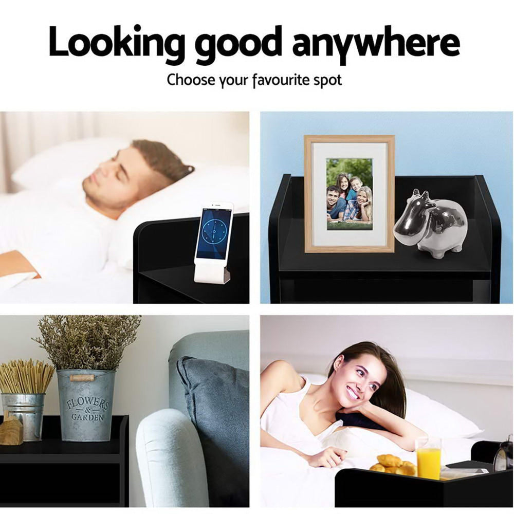 2X Bedside Table 1 Drawer with Shelf - FARA Black Fast shipping On sale