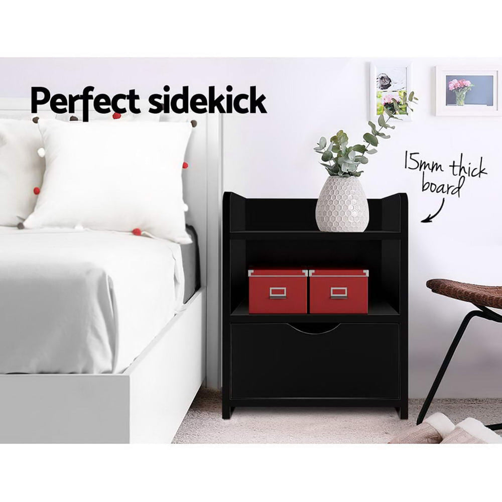 2X Bedside Table 1 Drawer with Shelf - FARA Black Fast shipping On sale