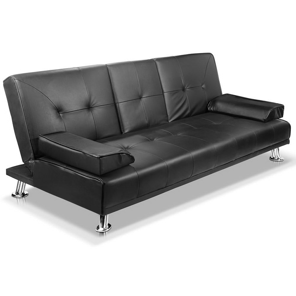3 Seater PU Leather Sofa Bed - Black Fast shipping On sale