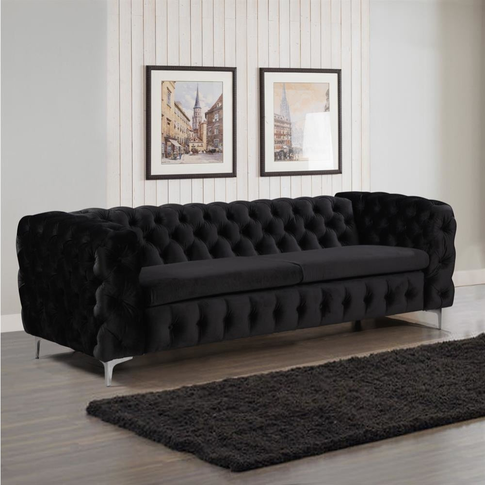 3 Seater Sofa Classic Button Tufted Lounge in Black Velvet Fabric with Metal Legs Fast shipping On sale