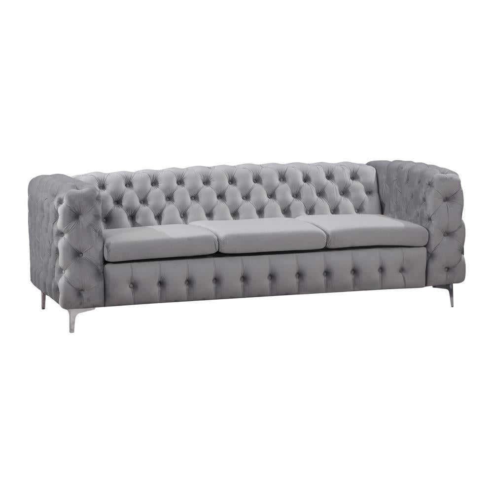 3 Seater Sofa Classic Button Tufted Lounge in Grey Velvet Fabric with Metal Legs Fast shipping On sale