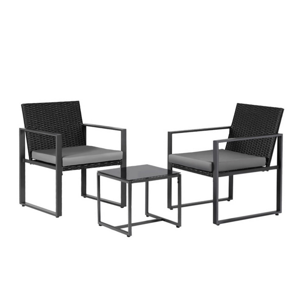3PC Outdoor Bistro Set Patio Furniture Wicker Dining Chairs Table Cushion Black Sets Fast shipping On sale