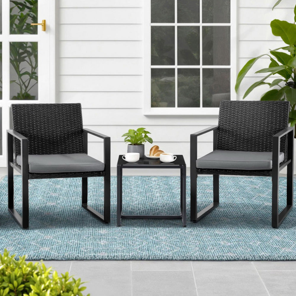 3PC Outdoor Bistro Set Patio Furniture Wicker Dining Chairs Table Cushion Black Sets Fast shipping On sale