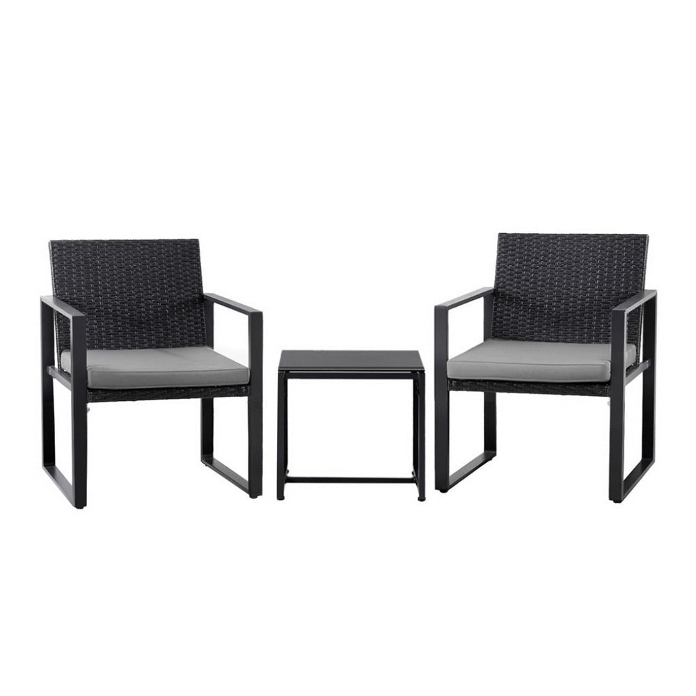 3PC Outdoor Bistro Set Patio Furniture Wicker Dining Chairs Table Cushion Black Sets Fast shipping On sale
