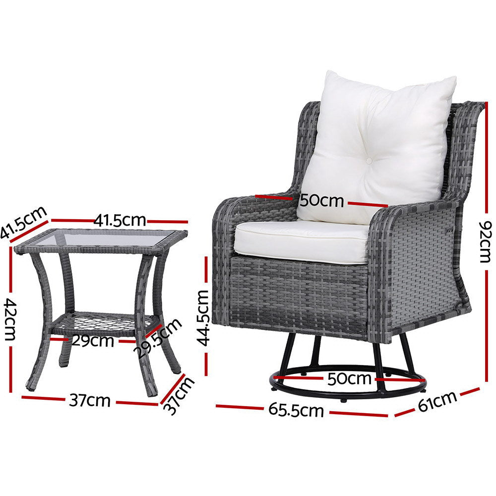 3PC Outdoor Furniture Bistro Set Lounge Wicker Swivel Chairs Table Cushion Grey Sets Fast shipping On sale