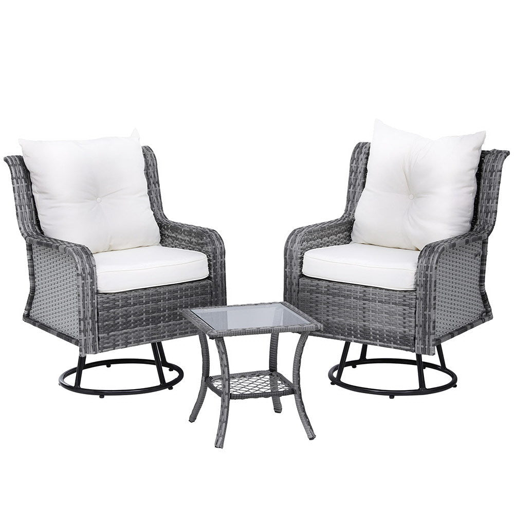 3PC Outdoor Furniture Bistro Set Lounge Wicker Swivel Chairs Table Cushion Grey Sets Fast shipping On sale