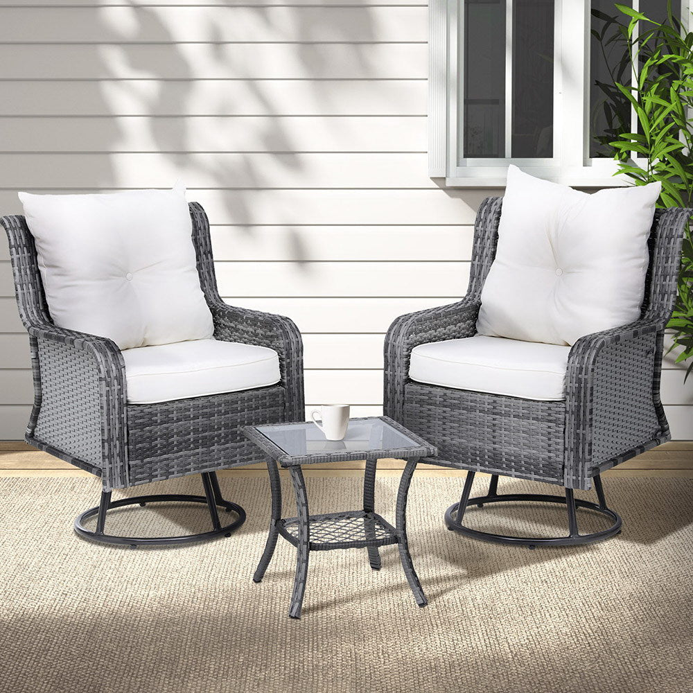 3PC Outdoor Furniture Bistro Set Lounge Wicker Swivel Chairs Table Cushion Grey Sets Fast shipping On sale