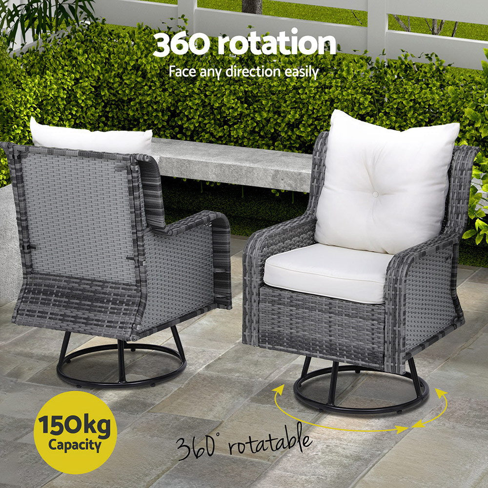 3PC Outdoor Furniture Bistro Set Lounge Wicker Swivel Chairs Table Cushion Grey Sets Fast shipping On sale