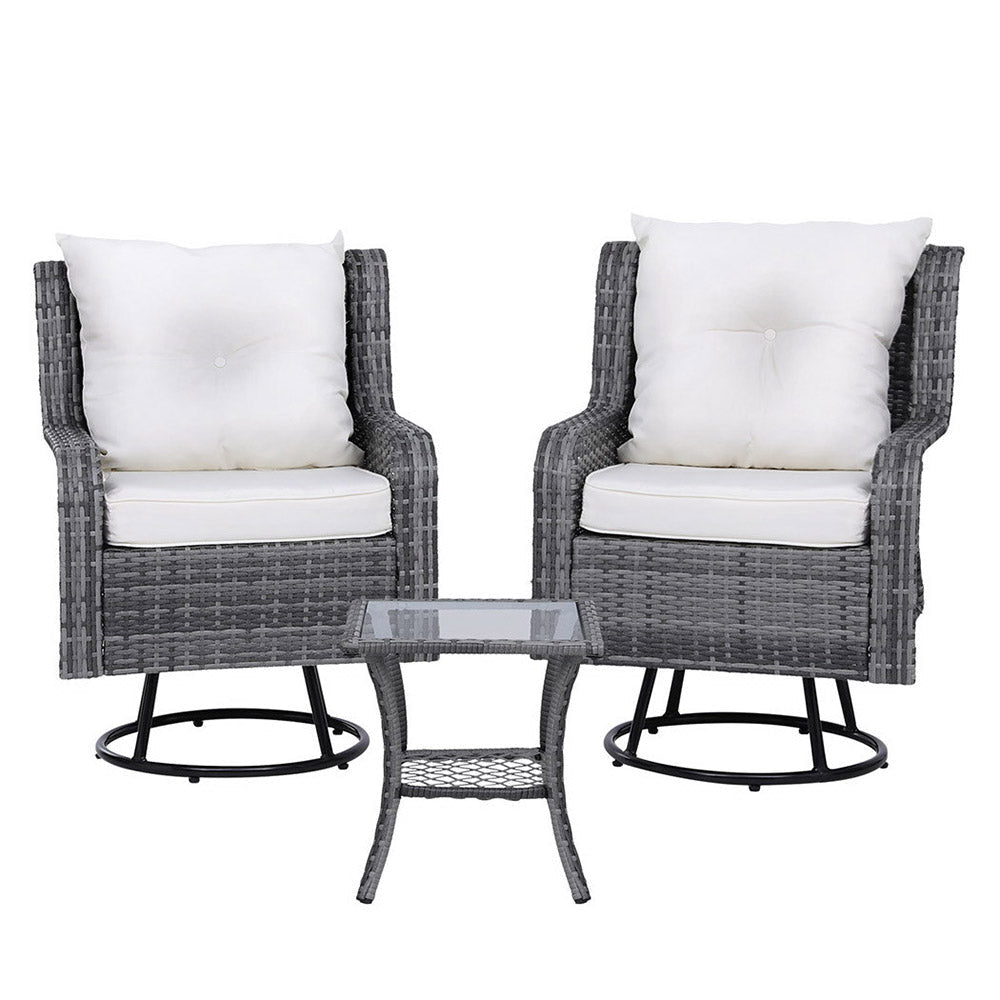 3PC Outdoor Furniture Bistro Set Lounge Wicker Swivel Chairs Table Cushion Grey Sets Fast shipping On sale