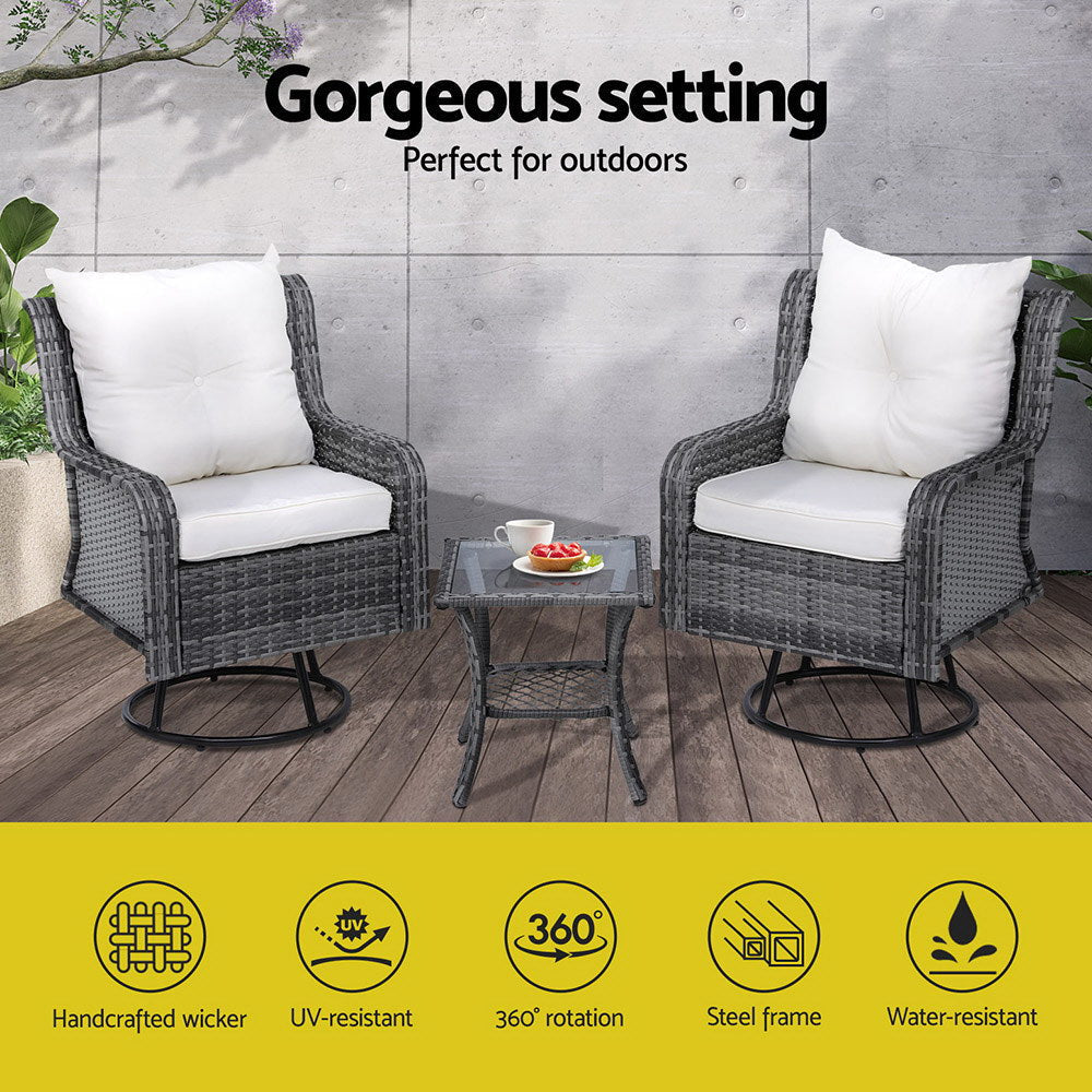 3PC Outdoor Furniture Bistro Set Lounge Wicker Swivel Chairs Table Cushion Grey Sets Fast shipping On sale