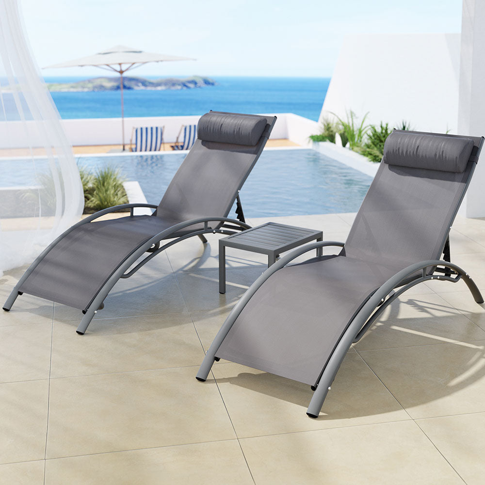 3PC Sun Lounge Outdoor Lounger Steel Table Chairs Patio Furniture Grey Fast shipping On sale