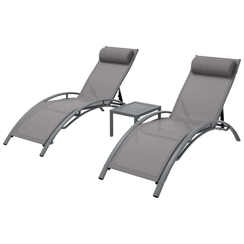 3PC Sun Lounge Outdoor Lounger Steel Table Chairs Patio Furniture Grey Fast shipping On sale