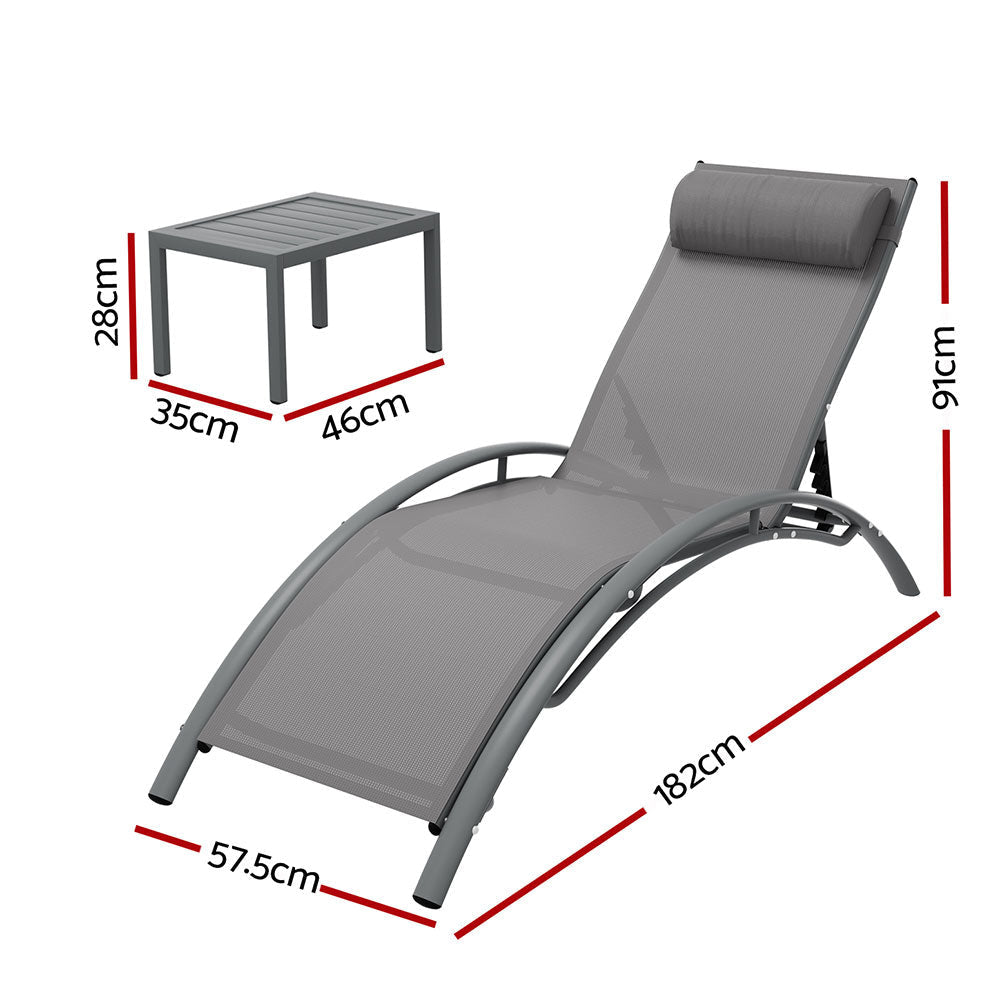 3PC Sun Lounge Outdoor Lounger Steel Table Chairs Patio Furniture Grey Fast shipping On sale