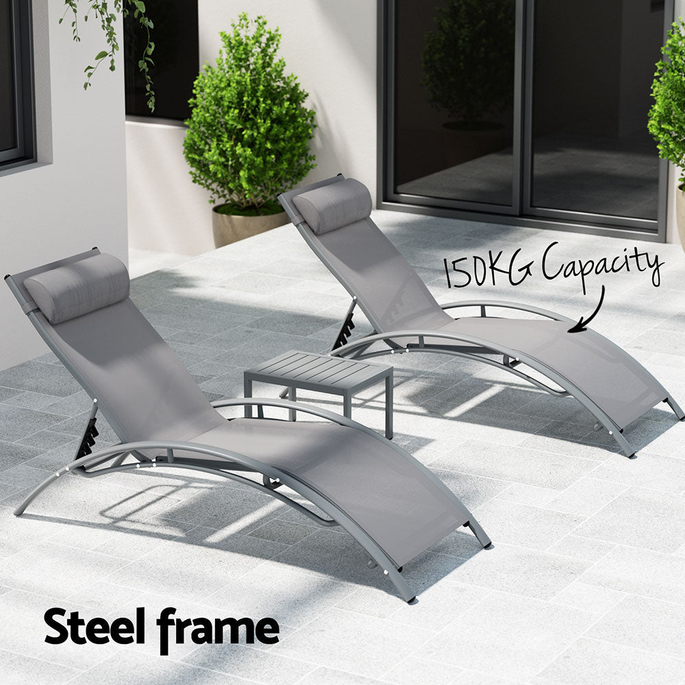 3PC Sun Lounge Outdoor Lounger Steel Table Chairs Patio Furniture Grey Fast shipping On sale