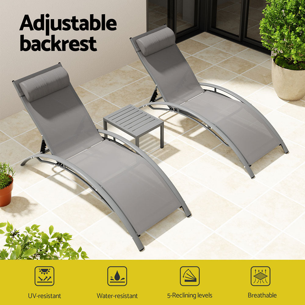 3PC Sun Lounge Outdoor Lounger Steel Table Chairs Patio Furniture Grey Fast shipping On sale