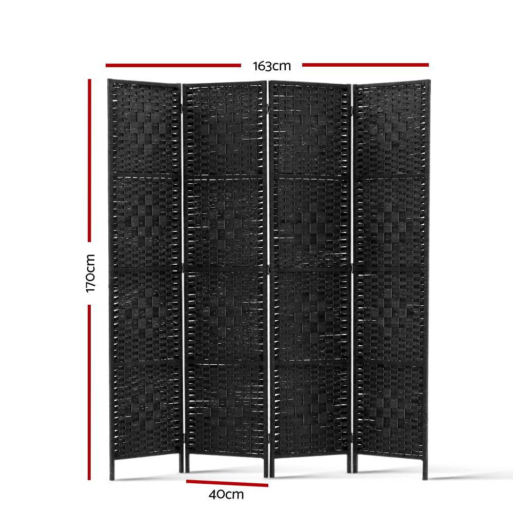 4 Panel Room Divider Privacy Screen Rattan Woven Wood Stand Black Fast shipping On sale