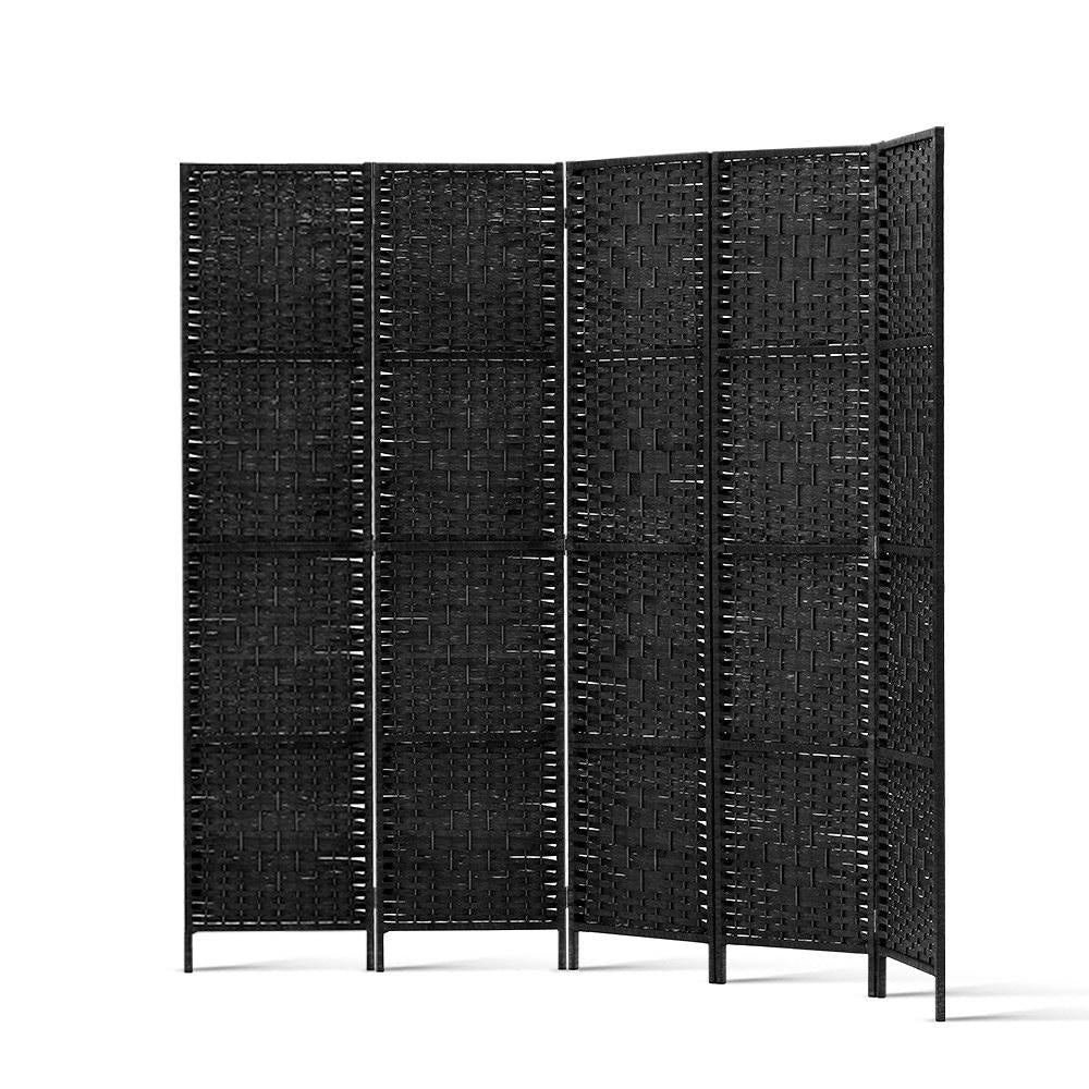 4 Panel Room Divider Privacy Screen Rattan Woven Wood Stand Black Fast shipping On sale