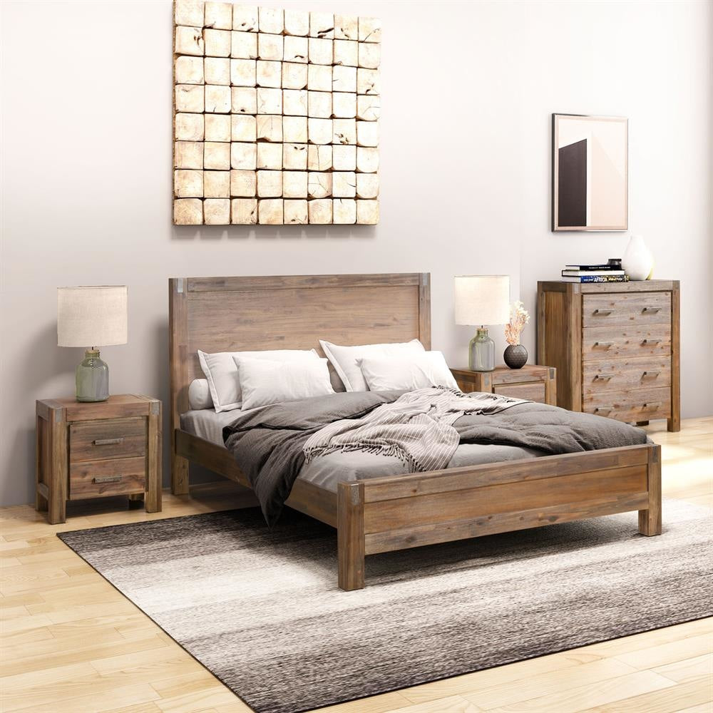 4 Pieces Bedroom Suite in Solid Wood Veneered Acacia Construction Timber Slat Double Size Chocolate Colour Bed Bedside Table & Tallboy Fast