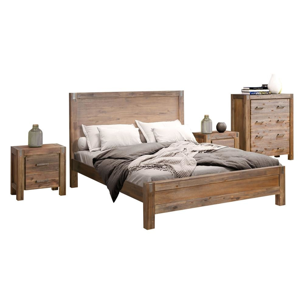 4 Pieces Bedroom Suite in Solid Wood Veneered Acacia Construction Timber Slat Double Size Chocolate Colour Bed Bedside Table & Tallboy Fast