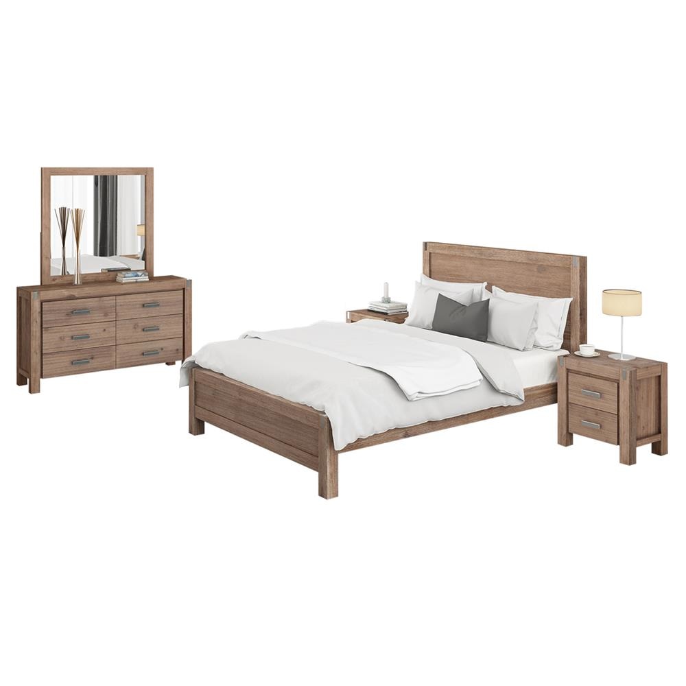 4 Pieces Bedroom Suite in Solid Wood Veneered Acacia Construction Timber Slat Double Size Oak Colour Bed Bedside Table & Dresser Fast