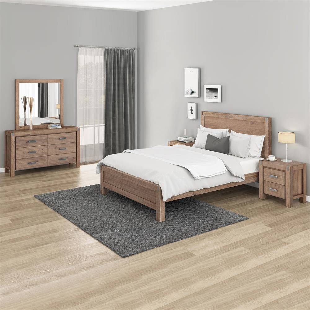 4 Pieces Bedroom Suite in Solid Wood Veneered Acacia Construction Timber Slat Double Size Oak Colour Bed Bedside Table & Dresser Fast