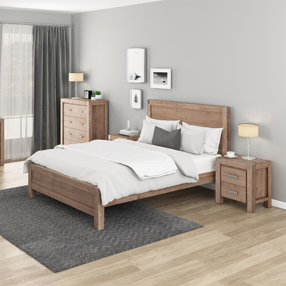 4 Pieces Bedroom Suite in Solid Wood Veneered Acacia Construction Timber Slat King Single Size Oak Colour Bed Bedside Table & Tallboy Fast