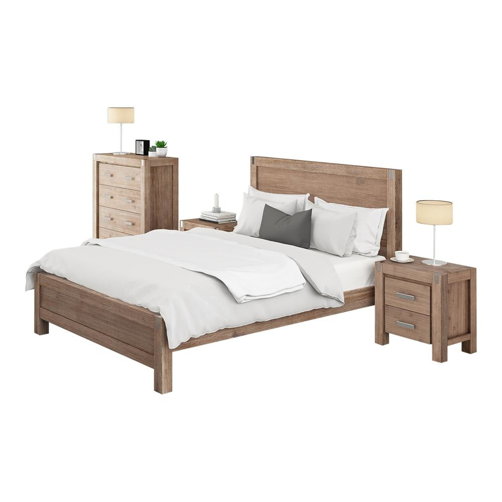 4 Pieces Bedroom Suite in Solid Wood Veneered Acacia Construction Timber Slat King Single Size Oak Colour Bed Bedside Table & Tallboy Fast