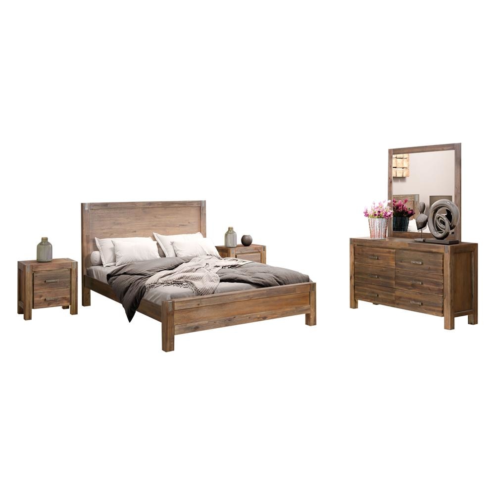 4 Pieces Bedroom Suite in Solid Wood Veneered Acacia Construction Timber Slat King Size Chocolate Colour Bed Bedside Table & Dresser Fast