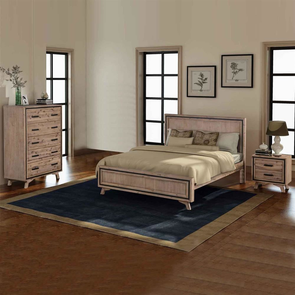 4 Pieces Bedroom Suite King Size Silver Brush in Acacia Wood Construction Bed Bedside Table & Tallboy Fast shipping On sale