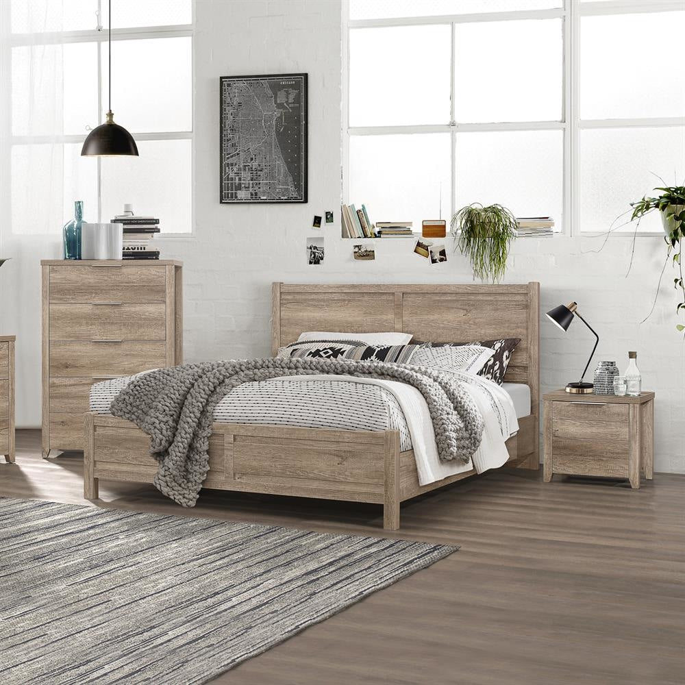 4 Pieces Bedroom Suite Natural Wood Like MDF Structure Double Size Oak Colour Bed Bedside Table & Tallboy Fast shipping On sale