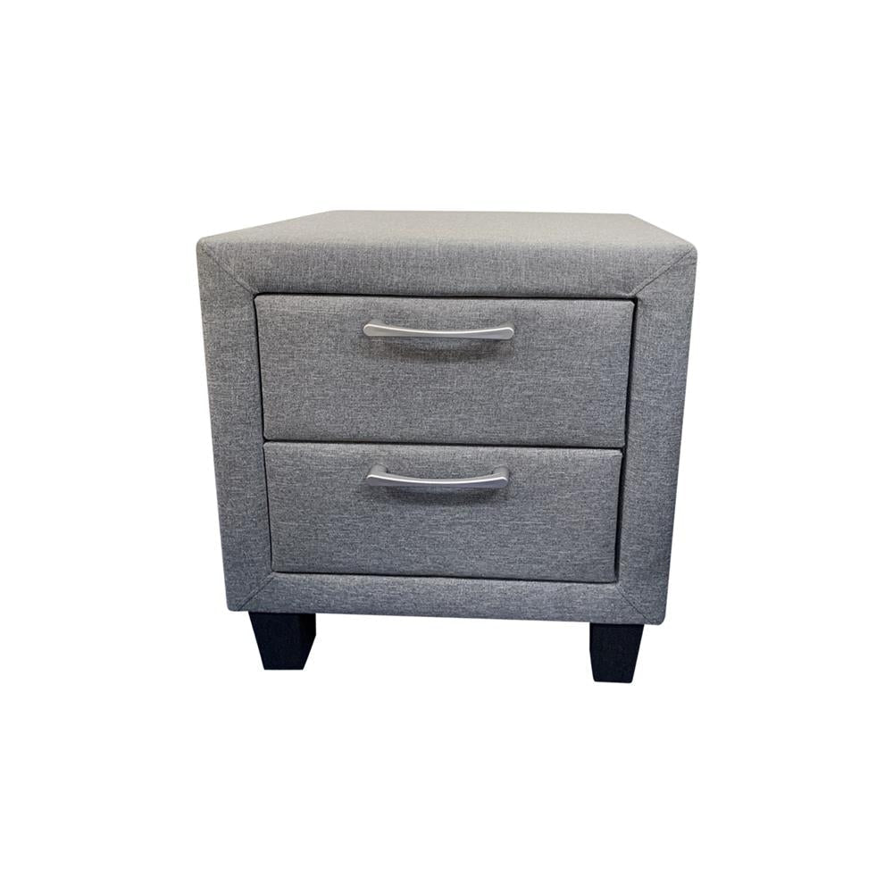 4 Pieces Storage Bedroom Suite Upholstery Fabric in Light Grey with Base Drawers Queen Size Oak Colour Bed Bedside Table & Tallboy Fast