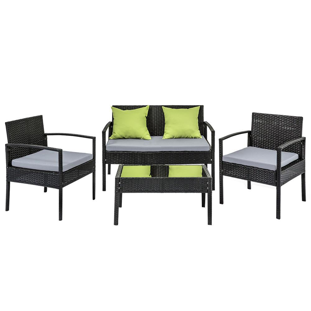 4 Seater Sofa Set Outdoor Furniture Lounge Setting Wicker Chairs Table Rattan Lounger Bistro Patio Garden Cushions Black Sets Fast shipping