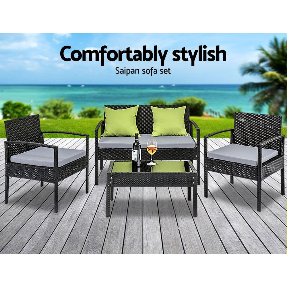 4 Seater Sofa Set Outdoor Furniture Lounge Setting Wicker Chairs Table Rattan Lounger Bistro Patio Garden Cushions Black Sets Fast shipping