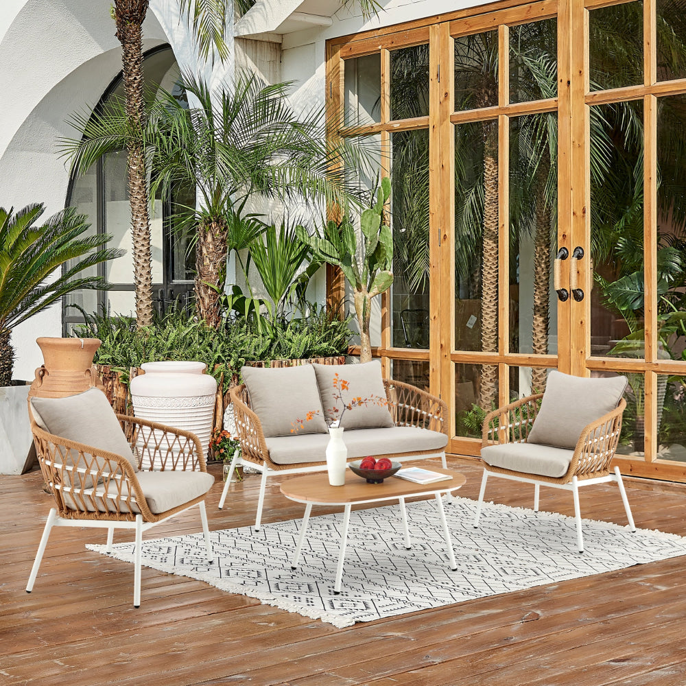 4PC Premium Rattan Outdoor Sofa Armchairs Table Set Natural/White Sets Fast shipping On sale