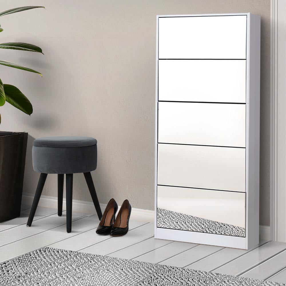 5 Drawer Mirrored Wooden Shoe Cabinet - White Fast shipping On sale
