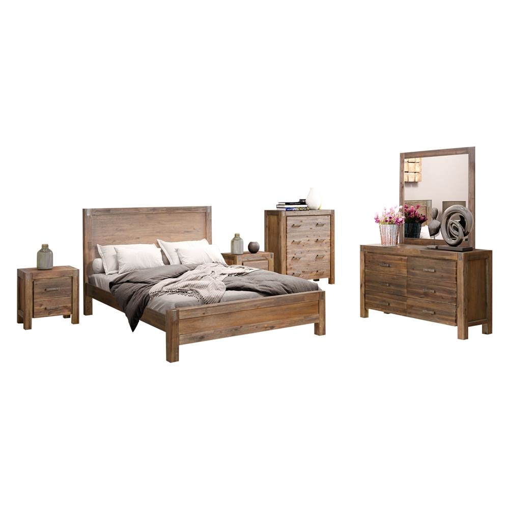 5 Pieces Bedroom Suite in Solid Wood Veneered Acacia Construction Timber Slat Double Size Chocolate Colour Bed Bedside Table Tallboy &